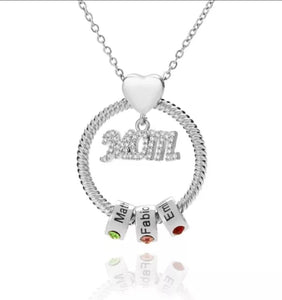 Mom Personalized Circle Pendant Engraved Name Necklace with Birthstones