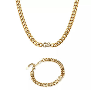 18K Gold Plated Curb Chain with Diamond Initials Necklace & Bracelet Set