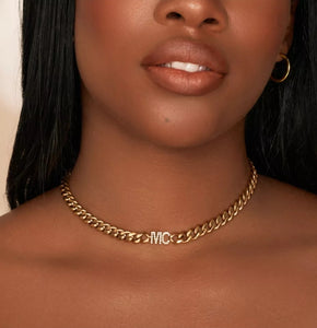 18K Gold Plated Curb Chain with Diamond Initials Necklace & Bracelet Set