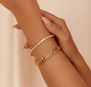 18K Gold Plated Curb Chain with Diamond Initials Necklace & Bracelet Set