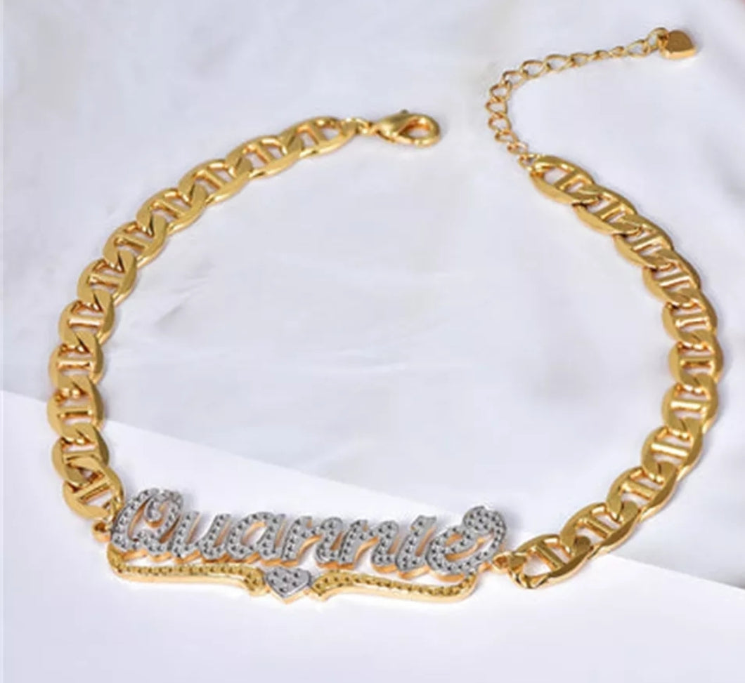 Two Tone Personalized 18K Nameplate Bracelet With Heart
