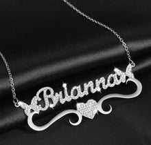 Load image into Gallery viewer, CZ Butterflies With Personalized Heart Bar Pendant Necklace
