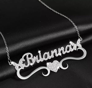 CZ Butterflies With Personalized Heart Bar Pendant Necklace