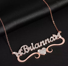 Load image into Gallery viewer, CZ Butterflies With Personalized Heart Bar Pendant Necklace
