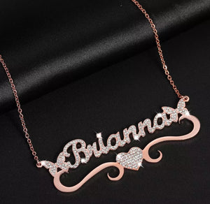 CZ Butterflies With Personalized Heart Bar Pendant Necklace