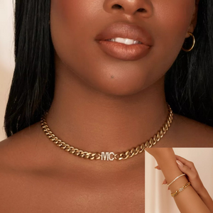 18K Gold Plated Curb Chain with Diamond Initials Necklace & Bracelet Set