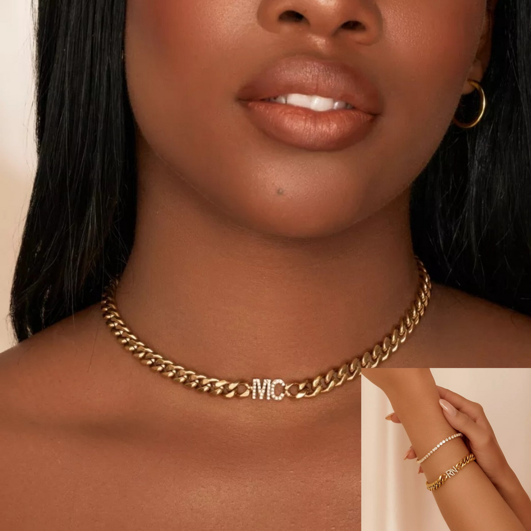 18K Gold Plated Curb Chain with Diamond Initials Necklace & Bracelet Set