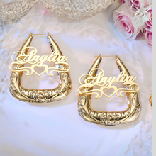 Load image into Gallery viewer, Personalized Bubble Triangle Gold Plated 70mm Name Earrings
