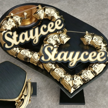 Load image into Gallery viewer, Heart Shaped Gold Plated Personalized Acrylic Name Plate Earrings
