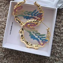 Load image into Gallery viewer, Gold Plated Personalized Bamboo Colorful Glitter Name Plate Earrings
